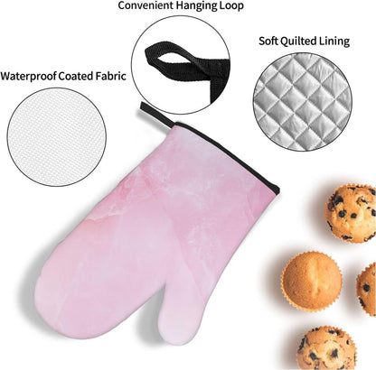 Oven Mitts and Pot Holders Set Marble Light Pink Abstract Heat Resistant Kitchen Gloves 2 Oven Mitts and 2 Pot Holders for Cooking Baking BBQ