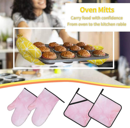 Oven Mitts and Pot Holders Set Marble Light Pink Abstract Heat Resistant Kitchen Gloves 2 Oven Mitts and 2 Pot Holders for Cooking Baking BBQ