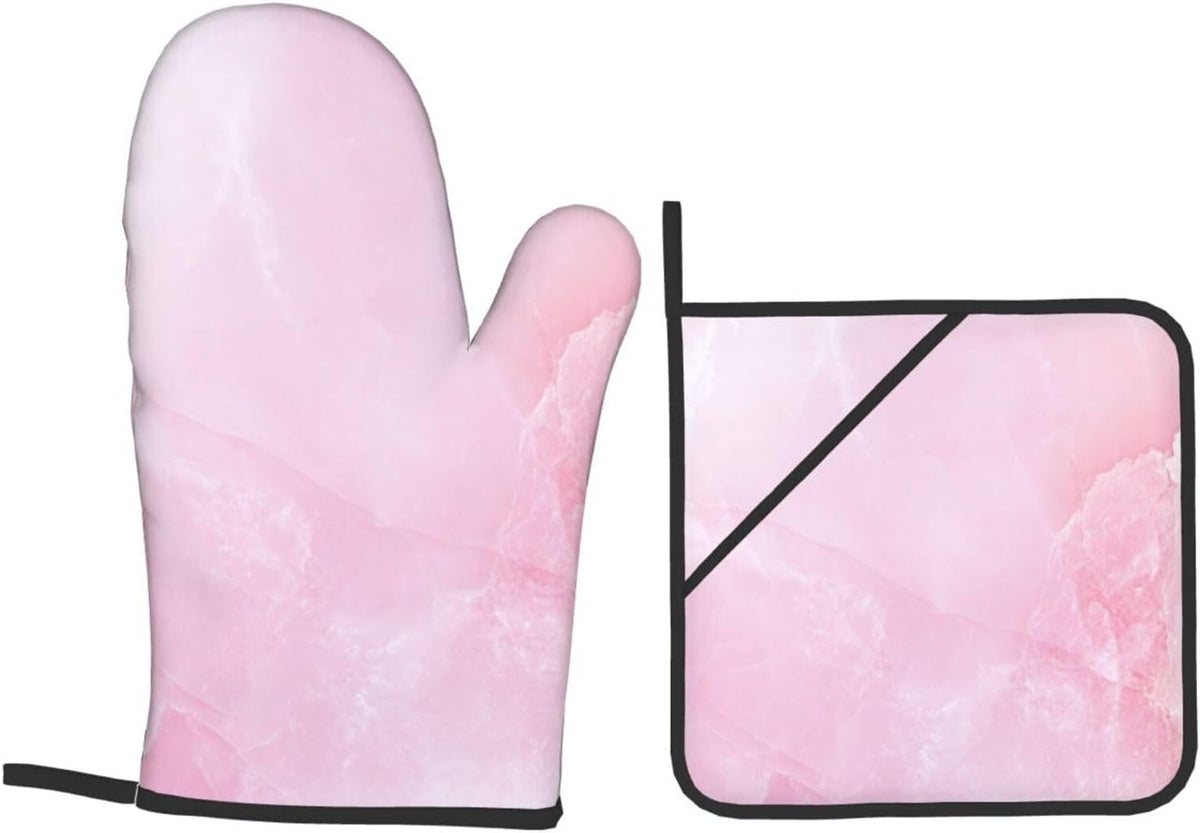Oven Mitts and Pot Holders Set Marble Light Pink Abstract Heat Resistant Kitchen Gloves 2 Oven Mitts and 2 Pot Holders for Cooking Baking BBQ