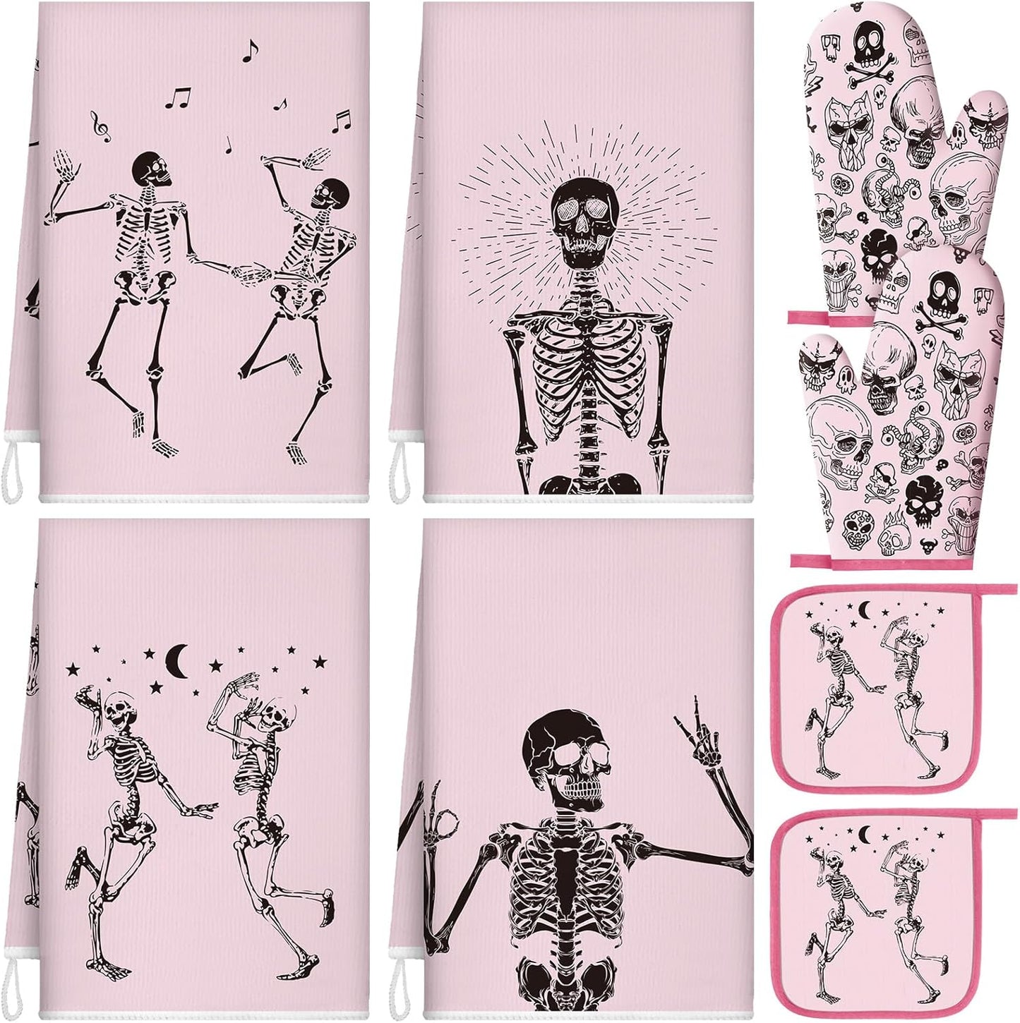 8 Pcs Skull Kitchen Decor Set Kitchen Towels Gothic Oven Mitts and Pot Holders Skeleton Hand Dish Towels Horror Oven Mitts for Home Decoration Party Gifts (Pink,Dance)