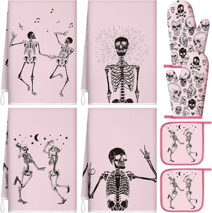 8 Pcs Skull Kitchen Decor Set Kitchen Towels Gothic Oven Mitts and Pot Holders Skeleton Hand Dish Towels Horror Oven Mitts for Home Decoration Party Gifts (Pink,Dance)