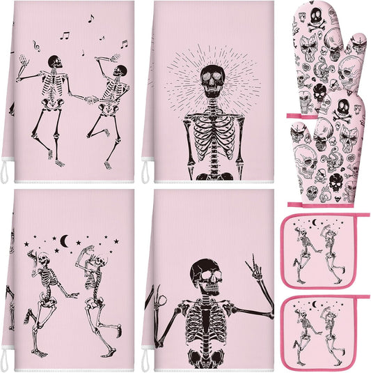 8 Pcs Skull Kitchen Decor Set Kitchen Towels Gothic Oven Mitts and Pot Holders Skeleton Hand Dish Towels Horror Oven Mitts for Home Decoration Party Gifts (Pink,Dance)