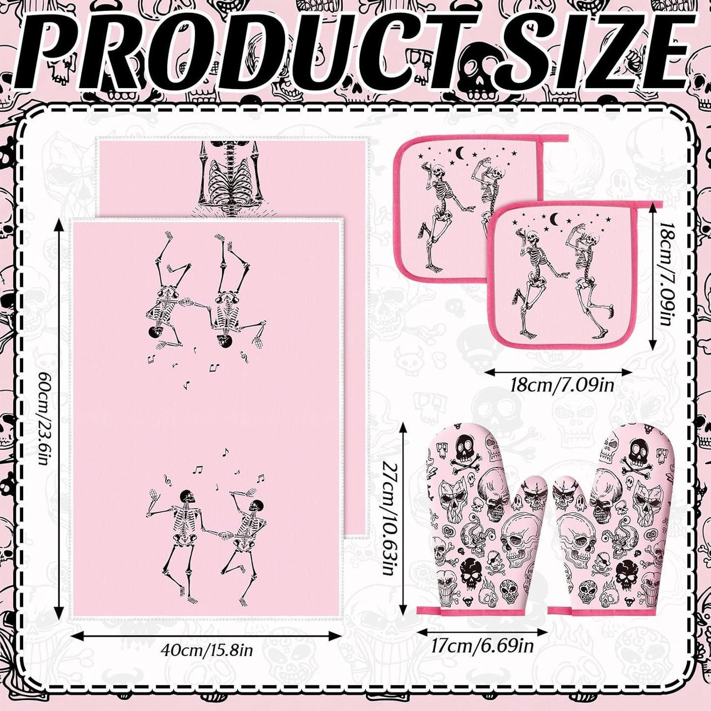 8 Pcs Skull Kitchen Decor Set Kitchen Towels Gothic Oven Mitts and Pot Holders Skeleton Hand Dish Towels Horror Oven Mitts for Home Decoration Party Gifts (Pink,Dance)