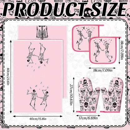 8 Pcs Skull Kitchen Decor Set Kitchen Towels Gothic Oven Mitts and Pot Holders Skeleton Hand Dish Towels Horror Oven Mitts for Home Decoration Party Gifts (Pink,Dance)