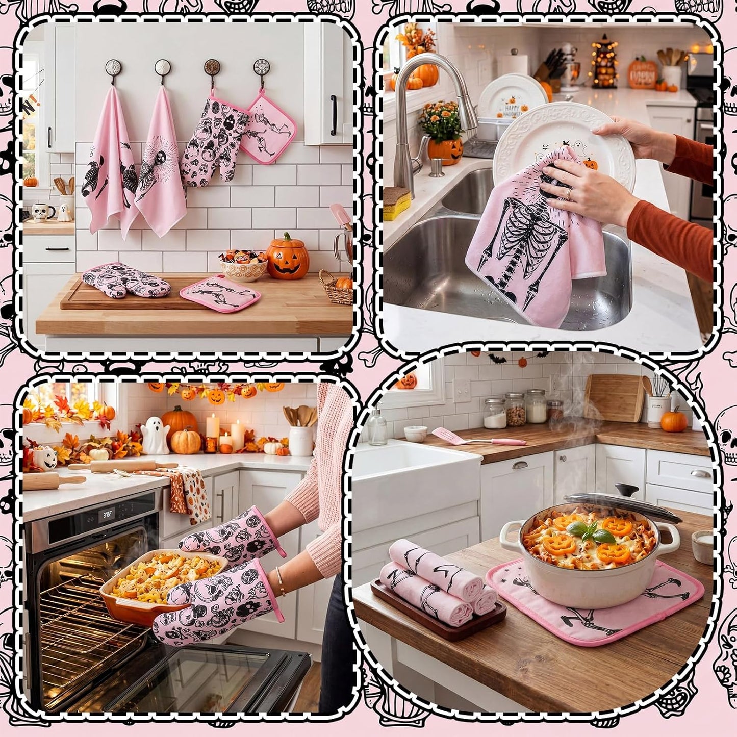 8 Pcs Skull Kitchen Decor Set Kitchen Towels Gothic Oven Mitts and Pot Holders Skeleton Hand Dish Towels Horror Oven Mitts for Home Decoration Party Gifts (Pink,Dance)