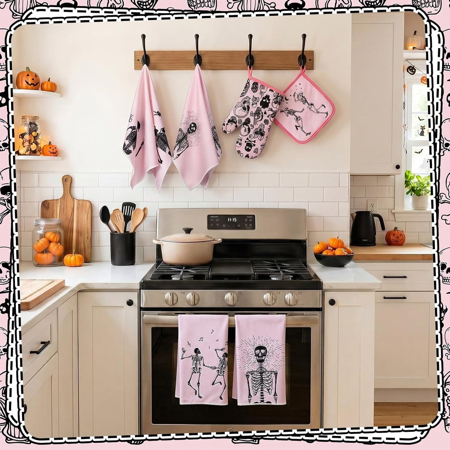 8 Pcs Skull Kitchen Decor Set Kitchen Towels Gothic Oven Mitts and Pot Holders Skeleton Hand Dish Towels Horror Oven Mitts for Home Decoration Party Gifts (Pink,Dance)