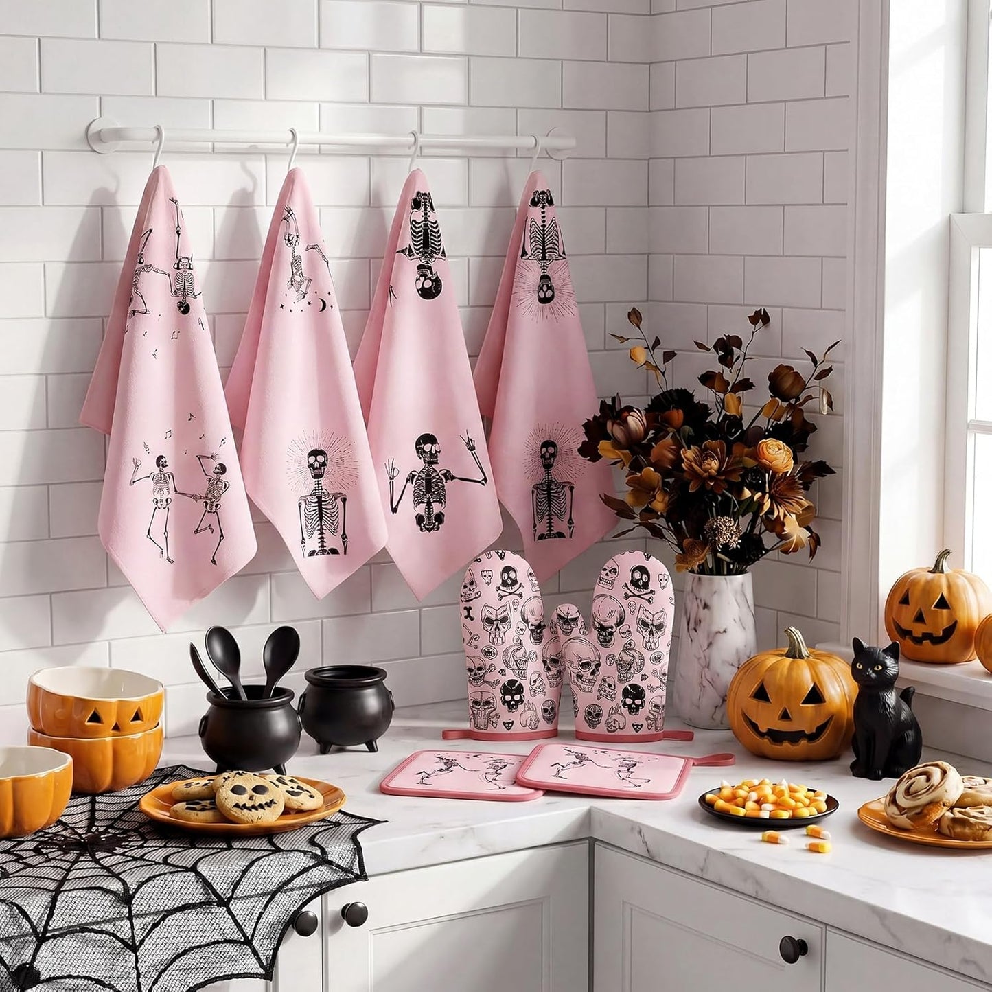 8 Pcs Skull Kitchen Decor Set Kitchen Towels Gothic Oven Mitts and Pot Holders Skeleton Hand Dish Towels Horror Oven Mitts for Home Decoration Party Gifts (Pink,Dance)