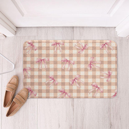 Bowknot Bathroom Rugs Checkerboard Bath Mats Microfiber Pink Bow Bathroom Accessories Plaid Floor Doormats Non-Slip 16"x24" Soft