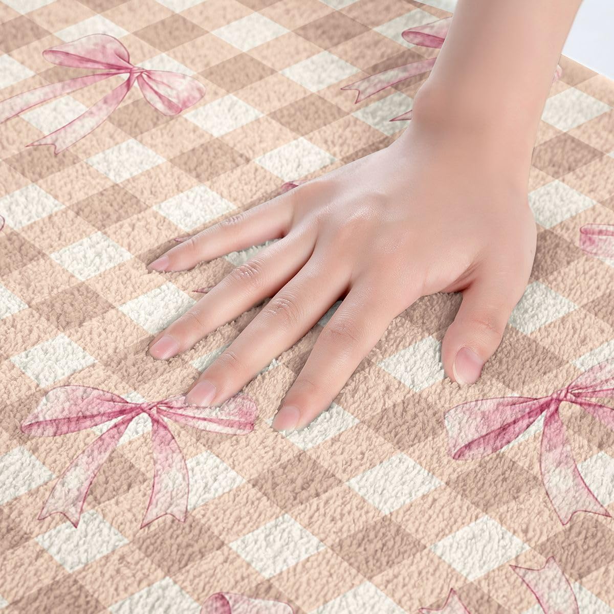 Bowknot Bathroom Rugs Checkerboard Bath Mats Microfiber Pink Bow Bathroom Accessories Plaid Floor Doormats Non-Slip 16"x24" Soft
