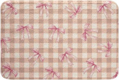 Bowknot Bathroom Rugs Checkerboard Bath Mats Microfiber Pink Bow Bathroom Accessories Plaid Floor Doormats Non-Slip 16"x24" Soft