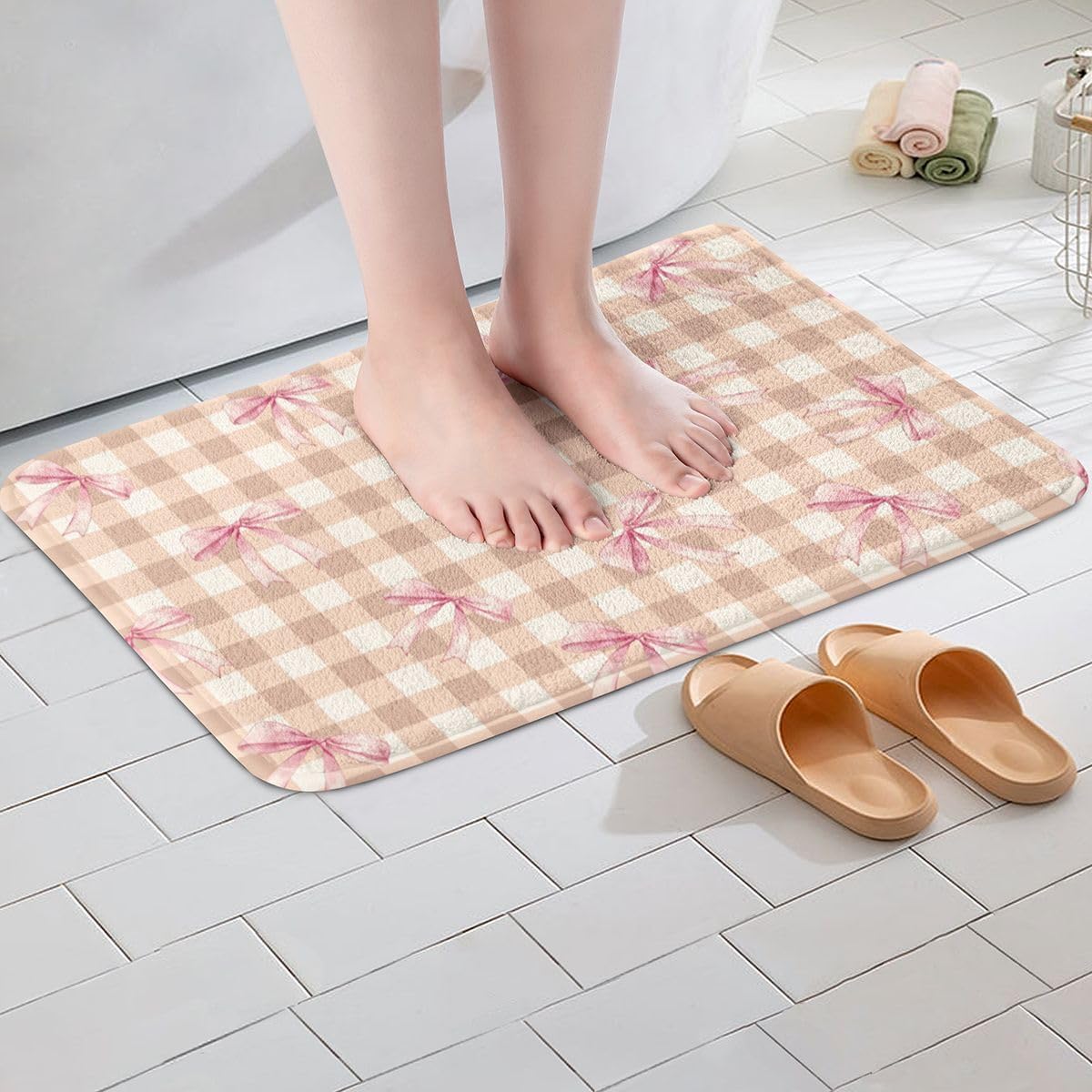Bowknot Bathroom Rugs Checkerboard Bath Mats Microfiber Pink Bow Bathroom Accessories Plaid Floor Doormats Non-Slip 16"x24" Soft