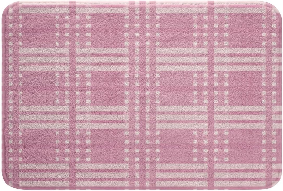 Plaid Bathroom Rugs Grid Checkered Bath Mats Microfiber Pink Bathroom Accessories Geometric Floor Doormats Non-Slip 16"x24" Soft