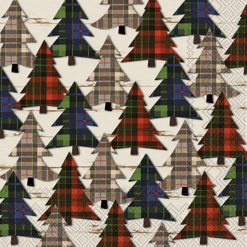 Boston International IHR Winter Holiday Christmas 3-Ply Paper Napkins, 20-Count Lunch Size, Checkered Pines- Cream