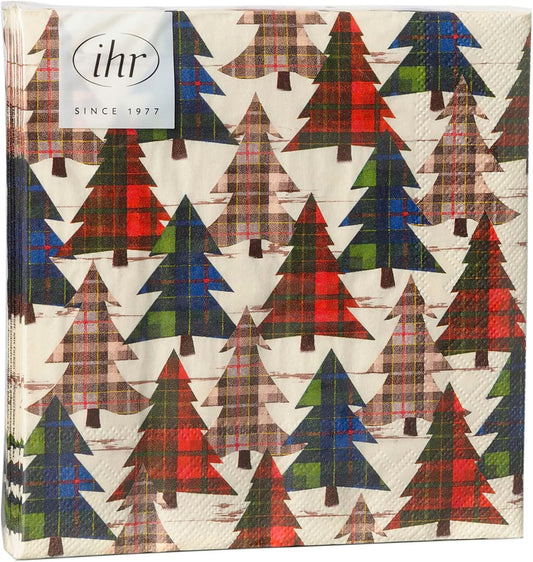 Boston International IHR Winter Holiday Christmas 3-Ply Paper Napkins, 20-Count Lunch Size, Checkered Pines- Cream