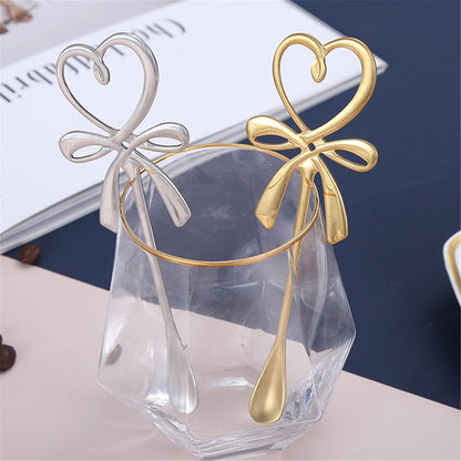 A pair Peach Heart Bow Shape Teaspoons 5.5" Coffee Spoons Stainless Steel Sugar Demitasse Espresso Spoons For travel (Gold)