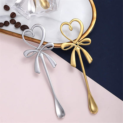 A pair Peach Heart Bow Shape Teaspoons 5.5" Coffee Spoons Stainless Steel Sugar Demitasse Espresso Spoons For travel (Gold)