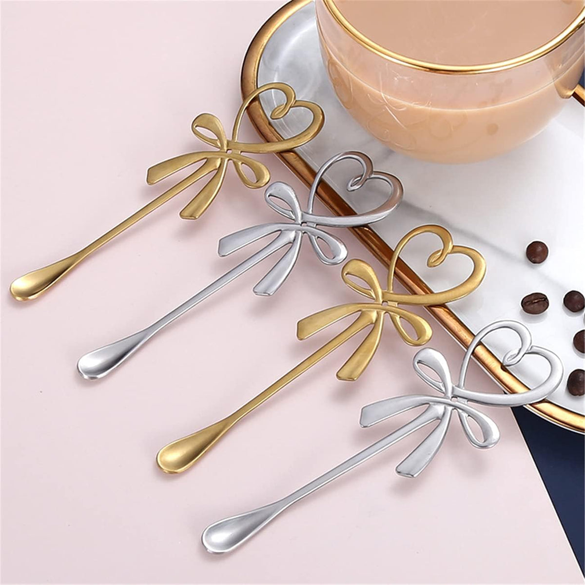 A pair Peach Heart Bow Shape Teaspoons 5.5" Coffee Spoons Stainless Steel Sugar Demitasse Espresso Spoons For travel (Gold)