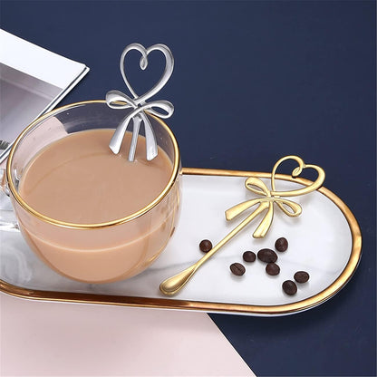 A pair Peach Heart Bow Shape Teaspoons 5.5" Coffee Spoons Stainless Steel Sugar Demitasse Espresso Spoons For travel (Gold)
