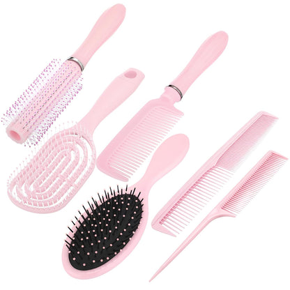6 Pieces Detangling Styling Comb Set for Women and Men - Hair Brush for Straight, Curly, and All Hair Types(Pink)