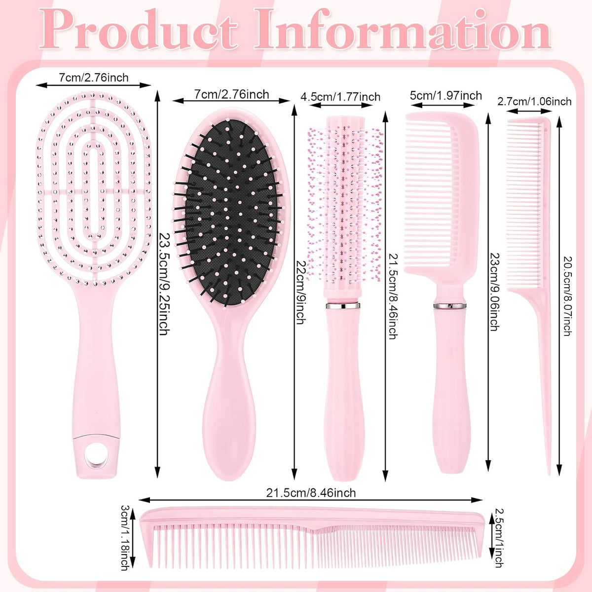 6 Pieces Detangling Styling Comb Set for Women and Men - Hair Brush for Straight, Curly, and All Hair Types(Pink)