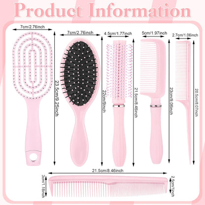 6 Pieces Detangling Styling Comb Set for Women and Men - Hair Brush for Straight, Curly, and All Hair Types(Pink)