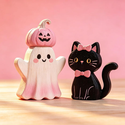 3Pcs Pink Halloween Decor, Wooden Tabletop Decor, Festive Pumpkin Cute Ghost and Black Cat Figurine, Pastel Halloween Tiered Tray Decorations Indoor Decors for Office Home Decoration