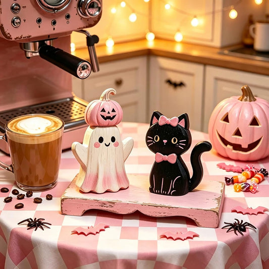 3Pcs Pink Halloween Decor, Wooden Tabletop Decor, Festive Pumpkin Cute Ghost and Black Cat Figurine, Pastel Halloween Tiered Tray Decorations Indoor Decors for Office Home Decoration