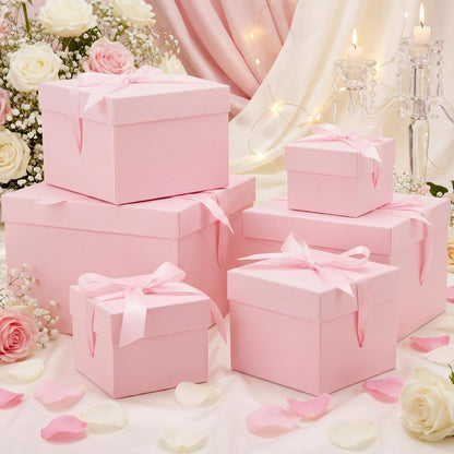 6 Pcs Nesting Gift Boxes with Lid Square Nesting Gift Boxes for Presents Packaging with Ribbon Easter Anniversaries Bridal Shower Birthday Wedding Party Favor(Pink)