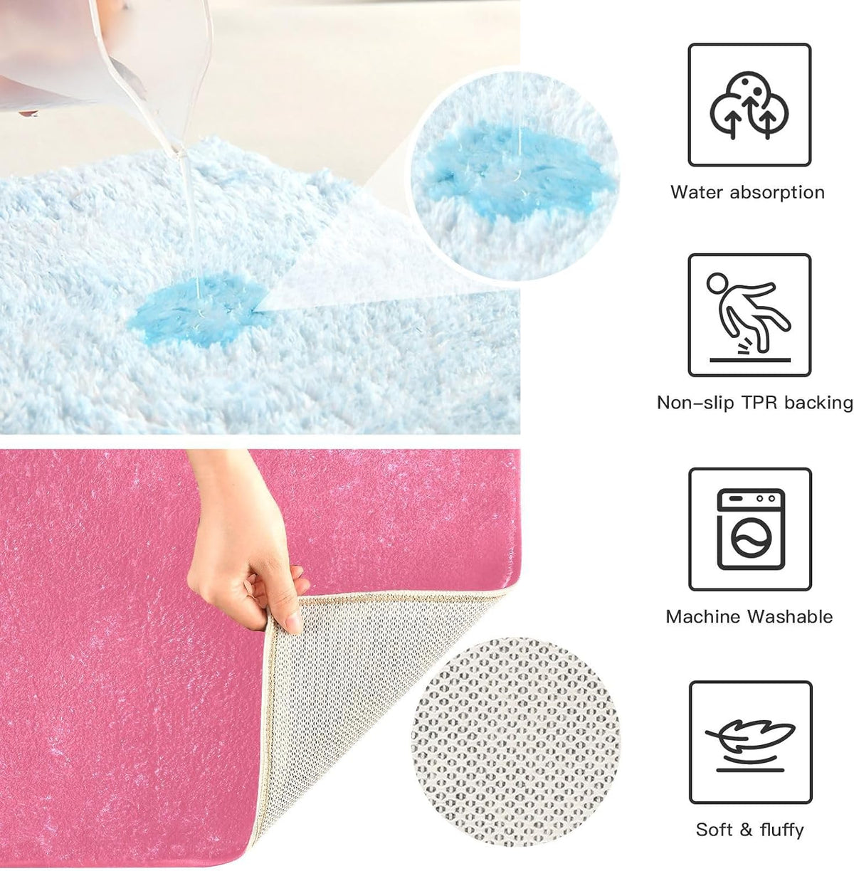 Plain Pink Solid Color Bathroom Rugs, Non Slip Dry Quickly Bath Mat, Absorbent Soft Bath Rugs for Bathroom, Toilet and Shower Floor