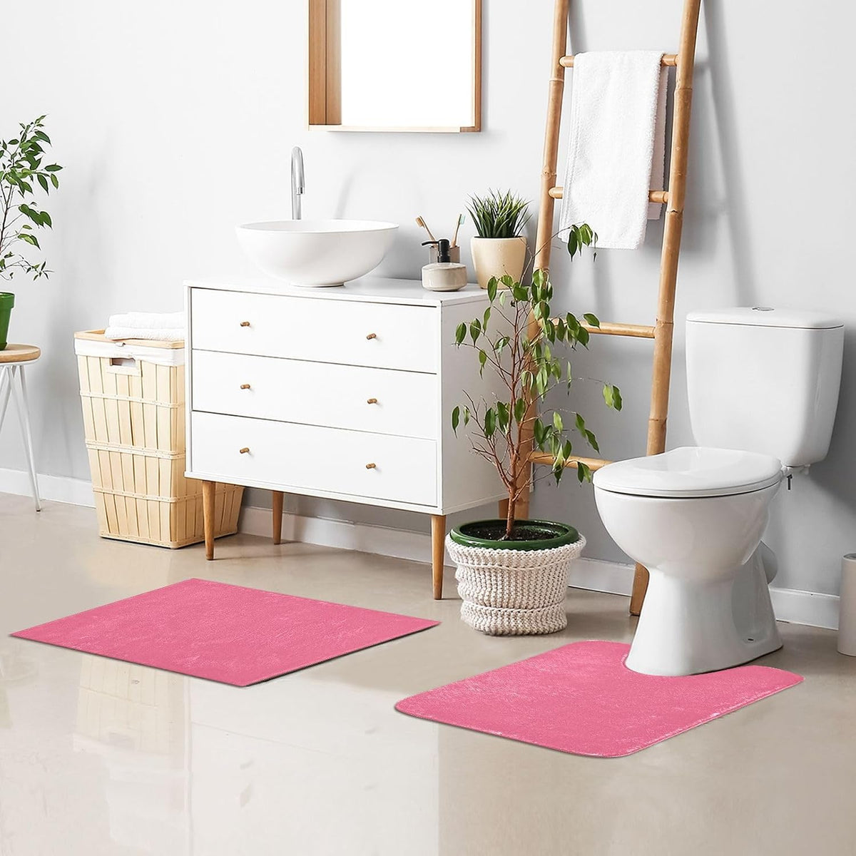 Plain Pink Solid Color Bathroom Rugs, Non Slip Dry Quickly Bath Mat, Absorbent Soft Bath Rugs for Bathroom, Toilet and Shower Floor
