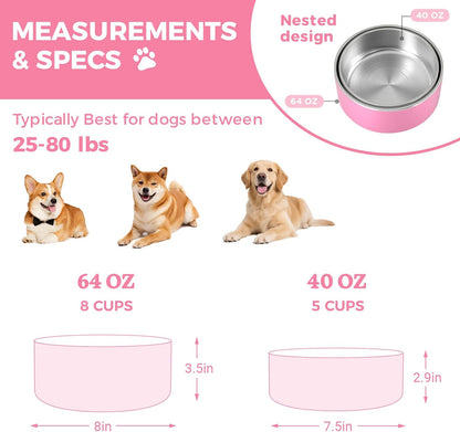2 Pack Stainless Steel Dog Bowls, Outdoor Dog Water Bowl with Non Slip Rubber Bottom, Dishwasher Safe, Easy to Clean,40oz&64oz Pink