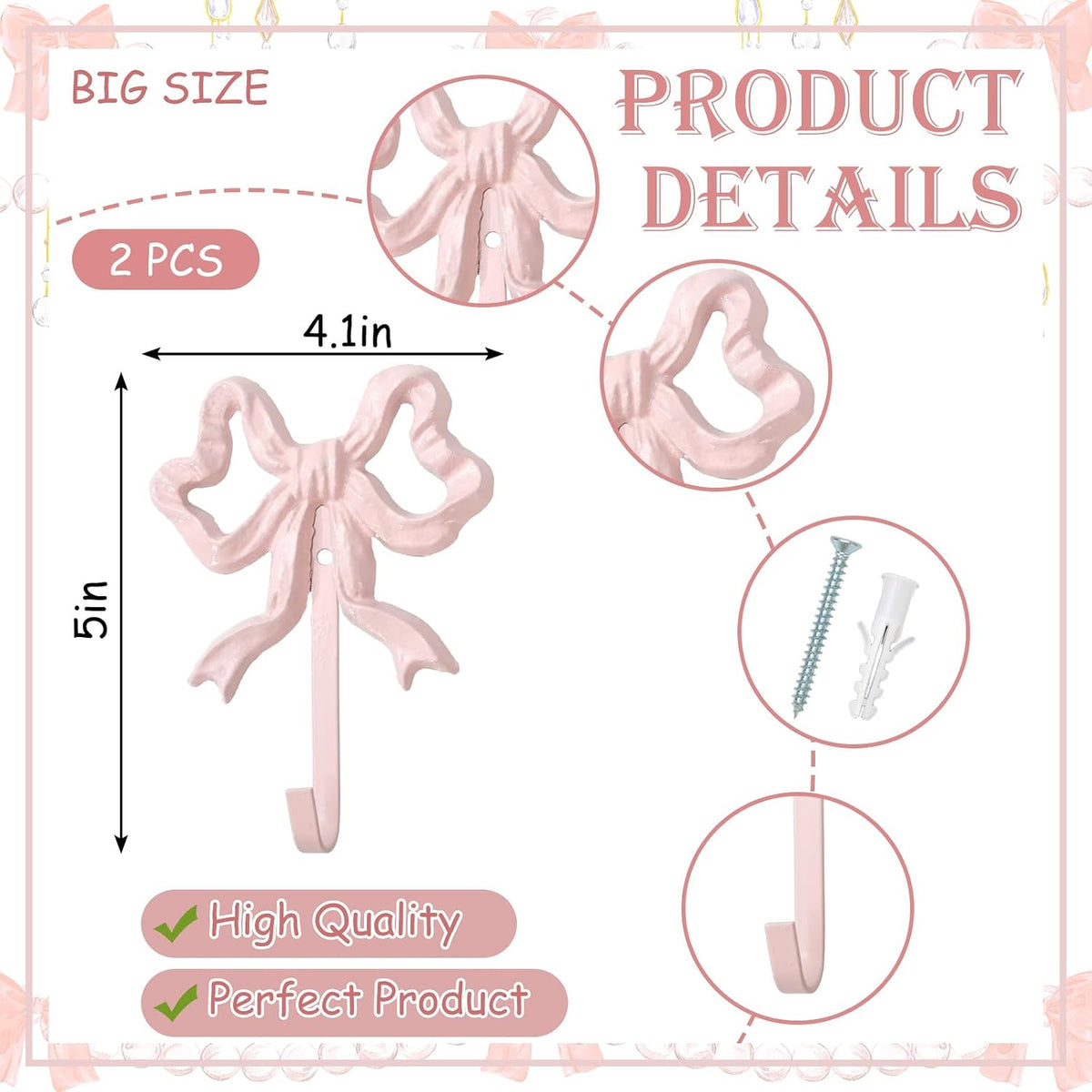 2Pcs Pink Bow Hooks Bow Knot Towel Coat Hanger Coquette Wall Hooks for Valentine's Day Home Living Room Bedroom Bathroom Kitchen Decor