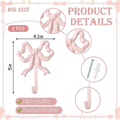 2Pcs Pink Bow Hooks Bow Knot Towel Coat Hanger Coquette Wall Hooks for Valentine's Day Home Living Room Bedroom Bathroom Kitchen Decor