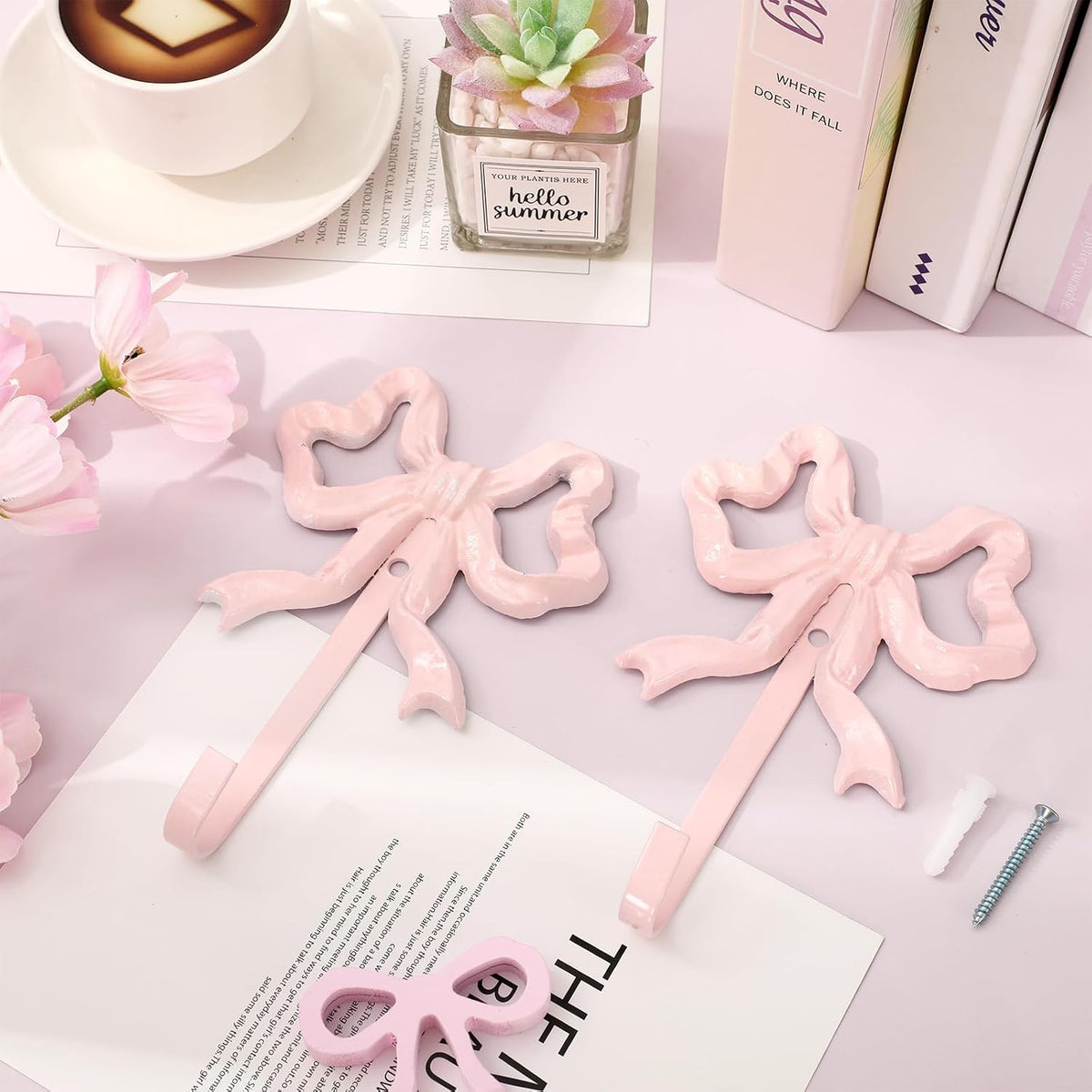 2Pcs Pink Bow Hooks Bow Knot Towel Coat Hanger Coquette Wall Hooks for Valentine's Day Home Living Room Bedroom Bathroom Kitchen Decor