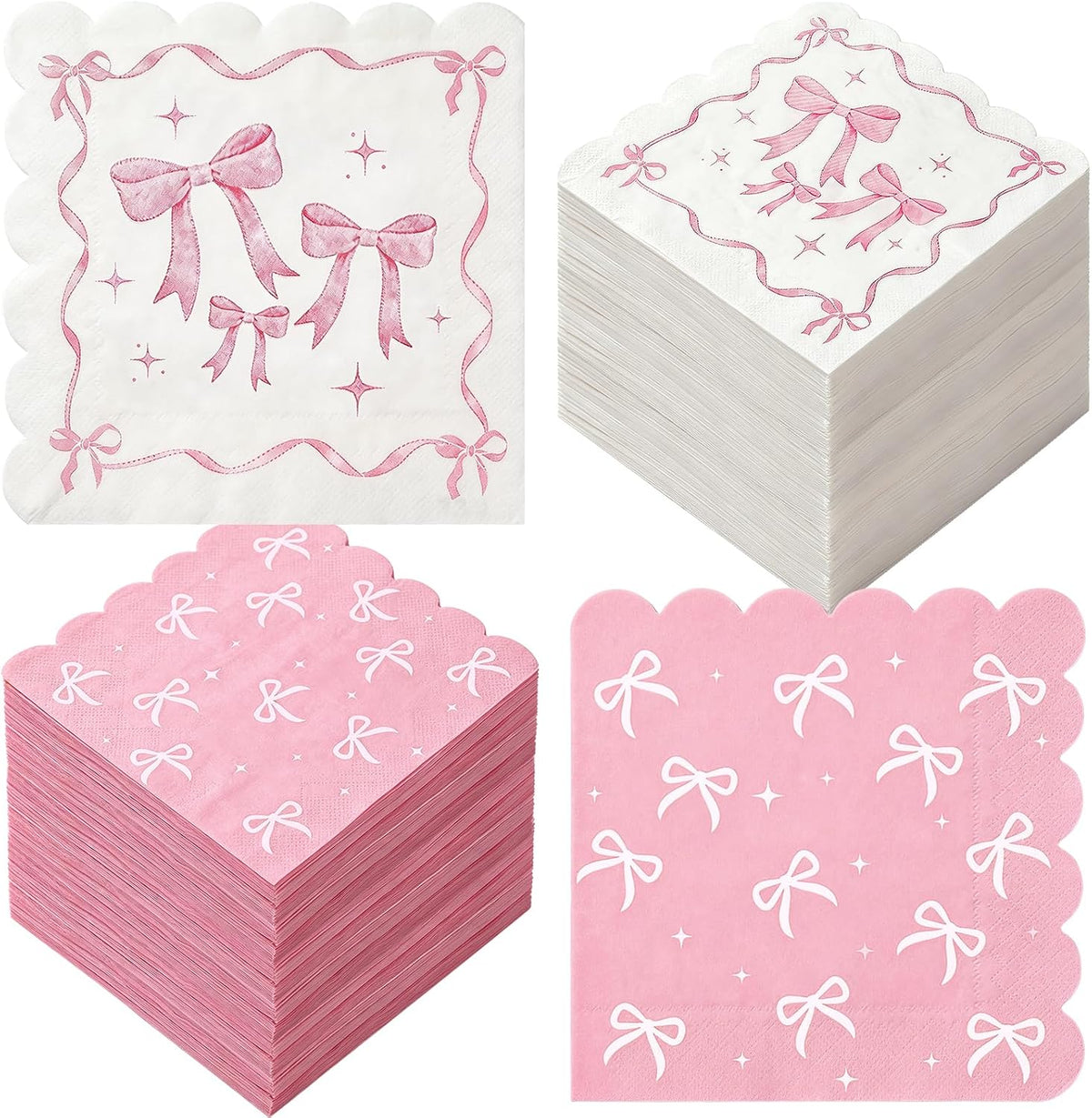 50 Pack Baby Shower Pink Bow Napkins Bulk, 2 Style Coquette Bow Disposable Soft Paper Napkins with Scalloped Edge, Bow Party Supplies for Bridal Shower Tea Birthday Party Table Decor