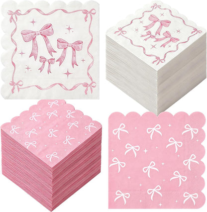 50 Pack Baby Shower Pink Bow Napkins Bulk, 2 Style Coquette Bow Disposable Soft Paper Napkins with Scalloped Edge, Bow Party Supplies for Bridal Shower Tea Birthday Party Table Decor