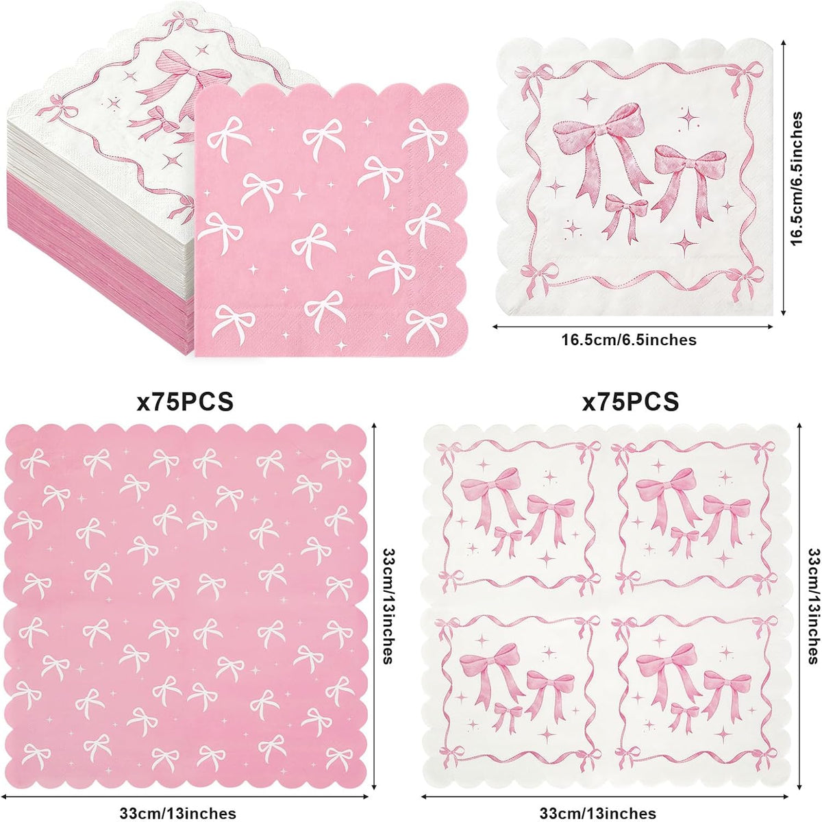 50 Pack Baby Shower Pink Bow Napkins Bulk, 2 Style Coquette Bow Disposable Soft Paper Napkins with Scalloped Edge, Bow Party Supplies for Bridal Shower Tea Birthday Party Table Decor
