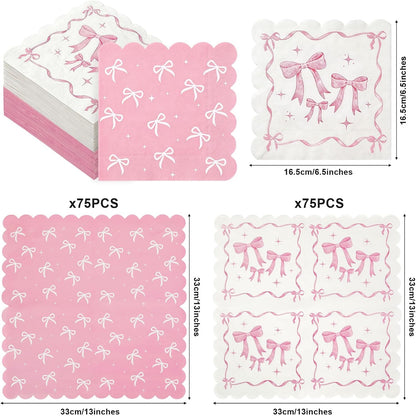 50 Pack Baby Shower Pink Bow Napkins Bulk, 2 Style Coquette Bow Disposable Soft Paper Napkins with Scalloped Edge, Bow Party Supplies for Bridal Shower Tea Birthday Party Table Decor