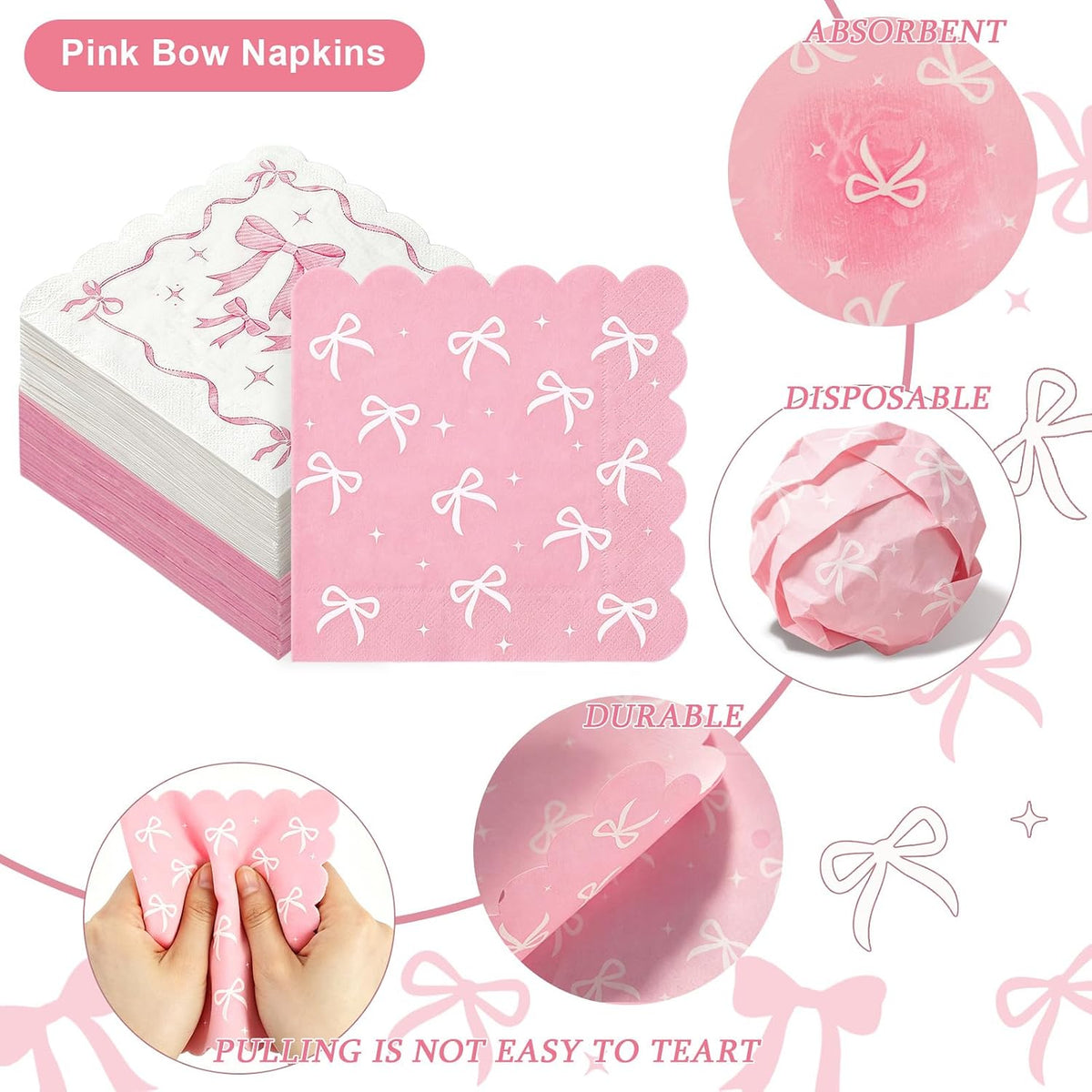 50 Pack Baby Shower Pink Bow Napkins Bulk, 2 Style Coquette Bow Disposable Soft Paper Napkins with Scalloped Edge, Bow Party Supplies for Bridal Shower Tea Birthday Party Table Decor