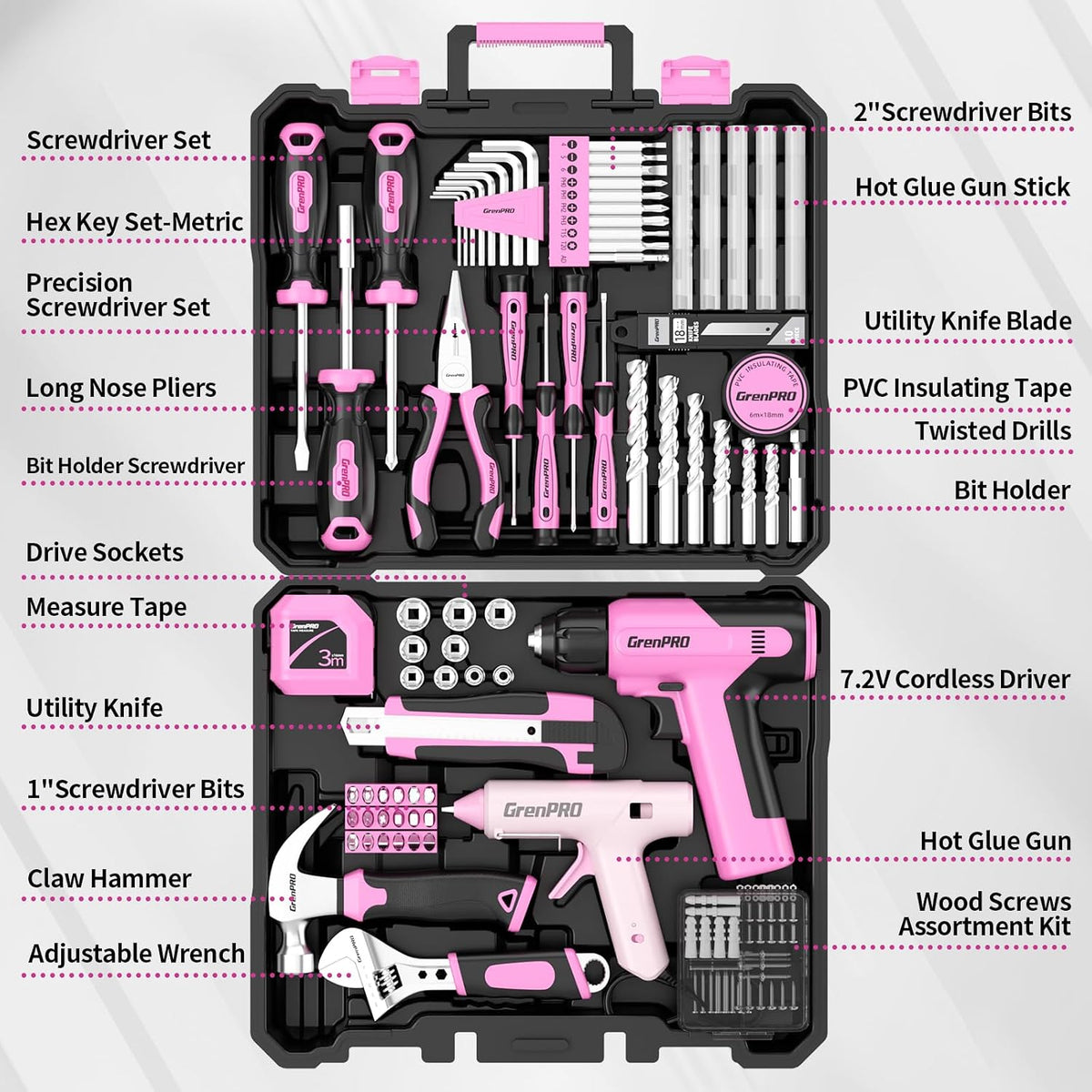 188PCS Pink Cordless Drill Tool Set For Women Tool Kit For Home Box