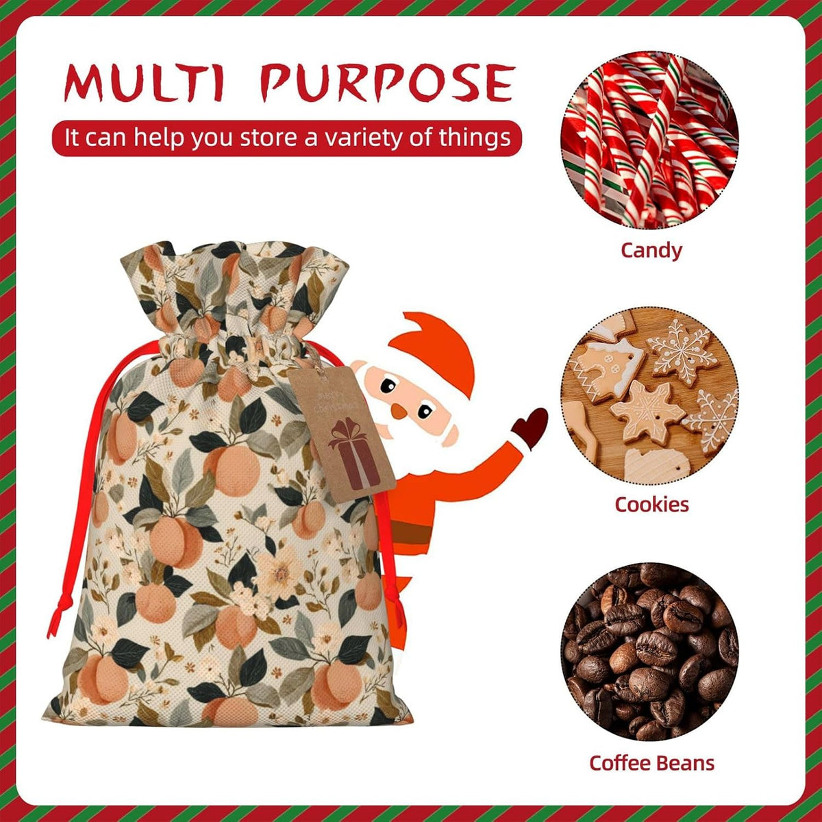 Peaches (1) Print Christmas Drawstring Gift Bags, Reusable Candy Treat Bags For Holiday Birthday Party