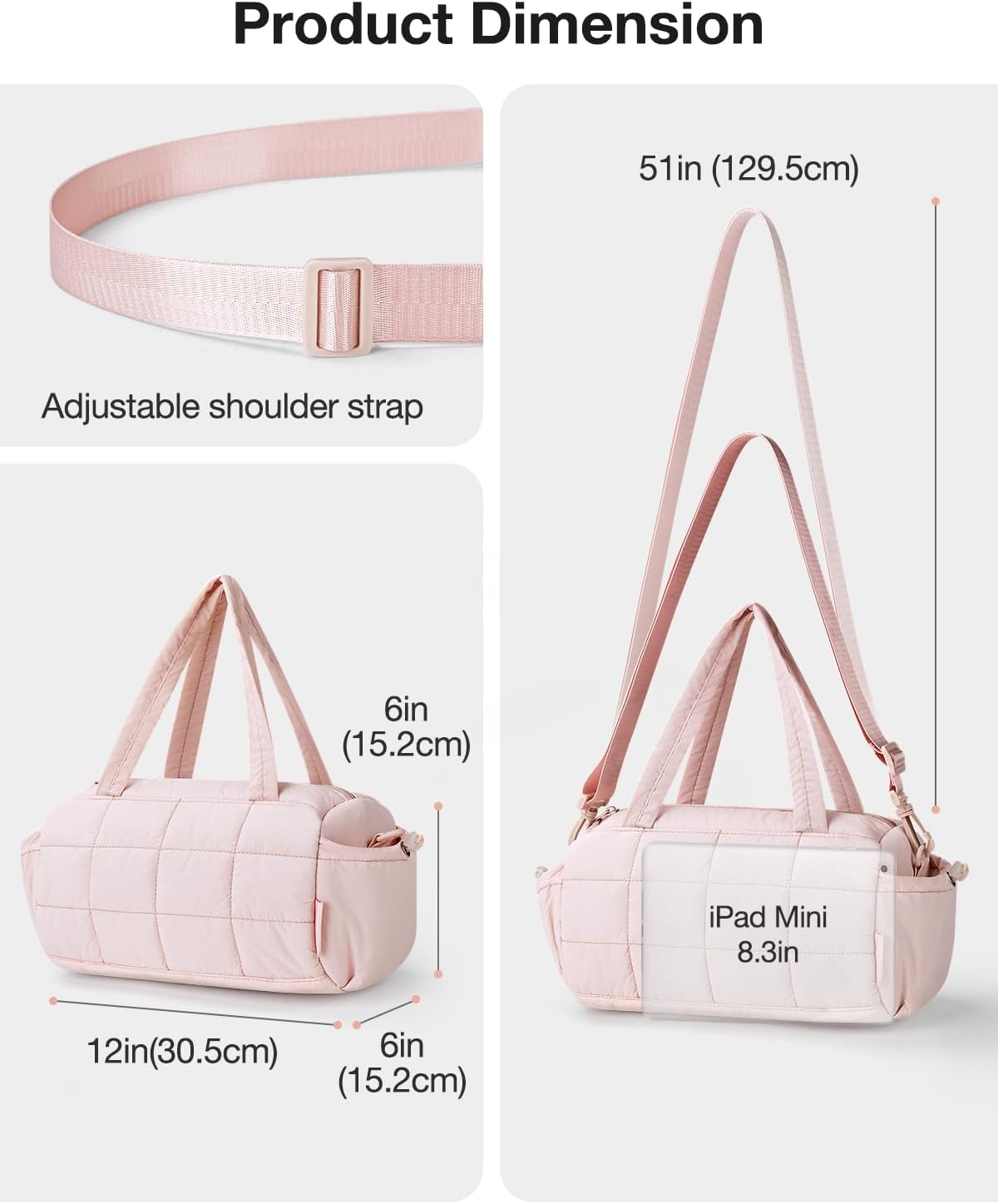 12 Inch Mini Gym Bag for Women, Lightweight Quilted Crossbody Duffle Bag with Wet Pocket, Dual Side Pockets, Adjustable Strap, Small Workout Bag for Yoga, Pilates, Swimming & Daily Use