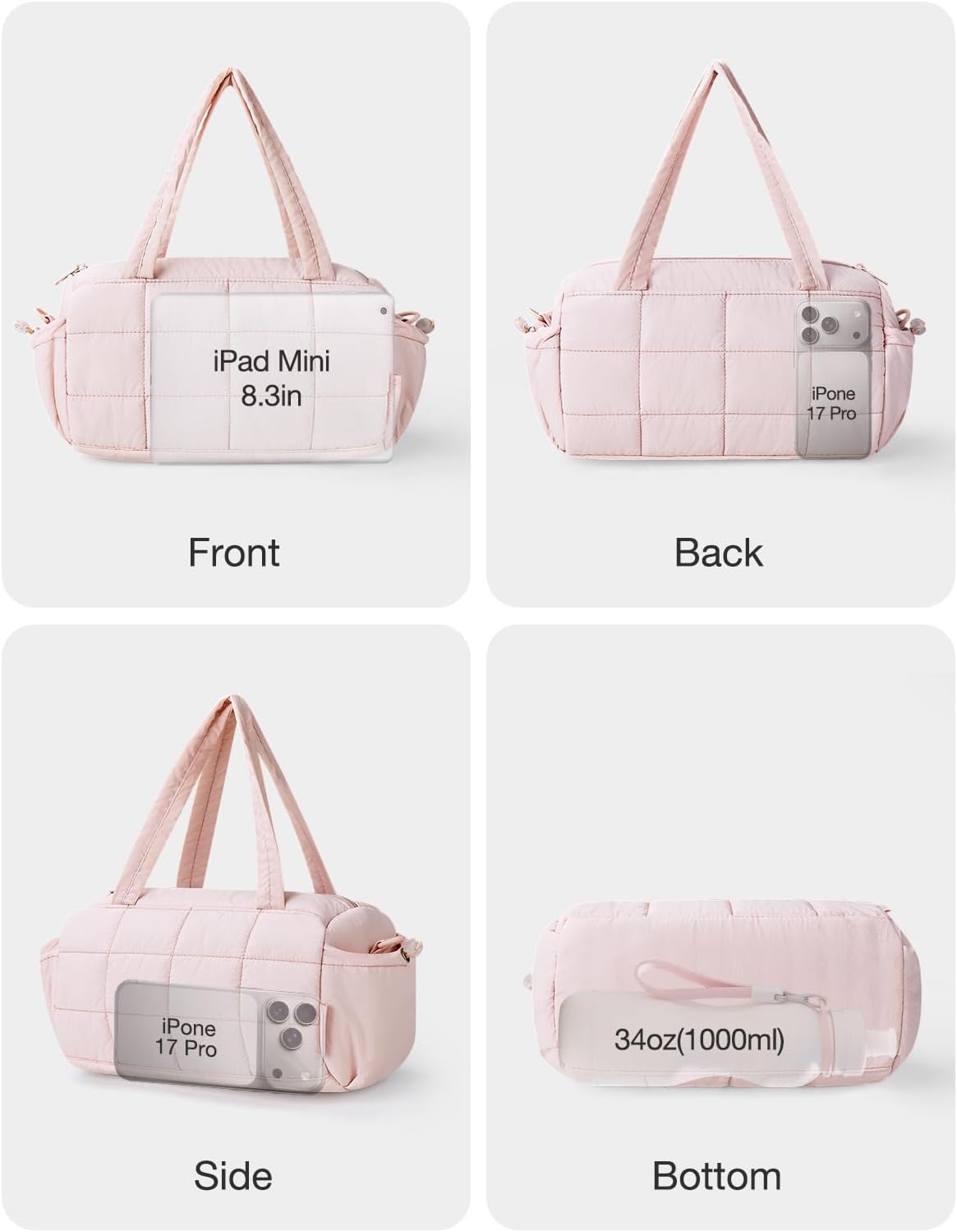 12 Inch Mini Gym Bag for Women, Lightweight Quilted Crossbody Duffle Bag with Wet Pocket, Dual Side Pockets, Adjustable Strap, Small Workout Bag for Yoga, Pilates, Swimming & Daily Use