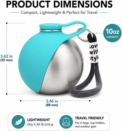 Portable Dog Water Bottle 10oz Stainless Steel Travel Dog Water Dispenser with Bowl No-Spill Puppy Water Bottle for Walking Hiking Small Dog Water Bottles Leak-Proof Collapsible Silicone Bowl