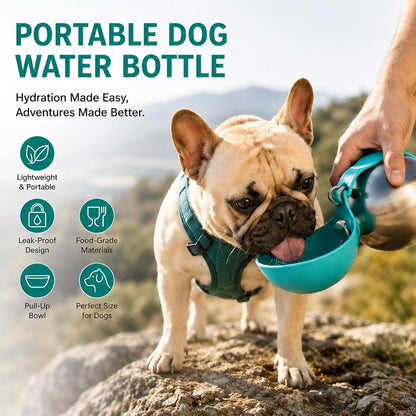Portable Dog Water Bottle 10oz Stainless Steel Travel Dog Water Dispenser with Bowl No-Spill Puppy Water Bottle for Walking Hiking Small Dog Water Bottles Leak-Proof Collapsible Silicone Bowl