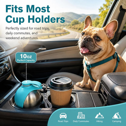 Portable Dog Water Bottle 10oz Stainless Steel Travel Dog Water Dispenser with Bowl No-Spill Puppy Water Bottle for Walking Hiking Small Dog Water Bottles Leak-Proof Collapsible Silicone Bowl