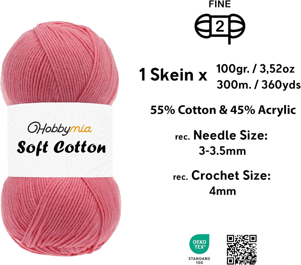 Soft Cotton Blend Crochet Yarn – Sport Weight Yarn for Crochet & Knitting – 100g / 361yds – 55% Cotton 45% Acrylic – Ideal for Amigurumi & Baby Projects (Pink - Bright Pink, 1 Skein)