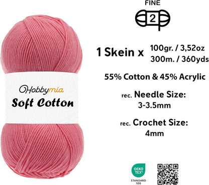 Soft Cotton Blend Crochet Yarn – Sport Weight Yarn for Crochet & Knitting – 100g / 361yds – 55% Cotton 45% Acrylic – Ideal for Amigurumi & Baby Projects (Pink - Bright Pink, 1 Skein)