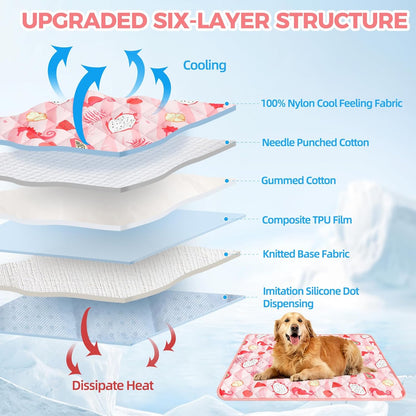 Dog Cooling Mat,27.5"x38.5" Thicken Self-Cooling Mat for Dog Large,Internal Waterproof& Endothermic,Washable Pet Ice Cool Pad Blanket,Pet Sleeping Pad for Indoor Outdoor in Summer,Non-Toxic, Pink L