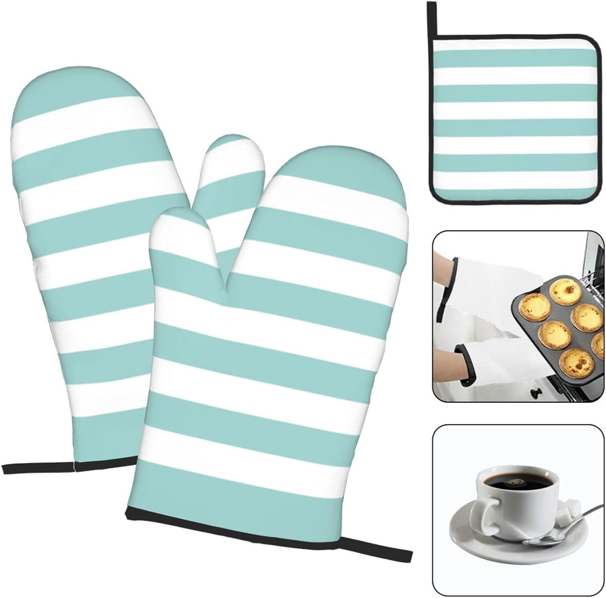 3 Pieces Oven Mitt and Pot Holder Sets, Teal Pink Stripe Striped Oven Mitts Set Heat Resistant Baking Gloves Kitchen Microwave for Cooking, BBQ